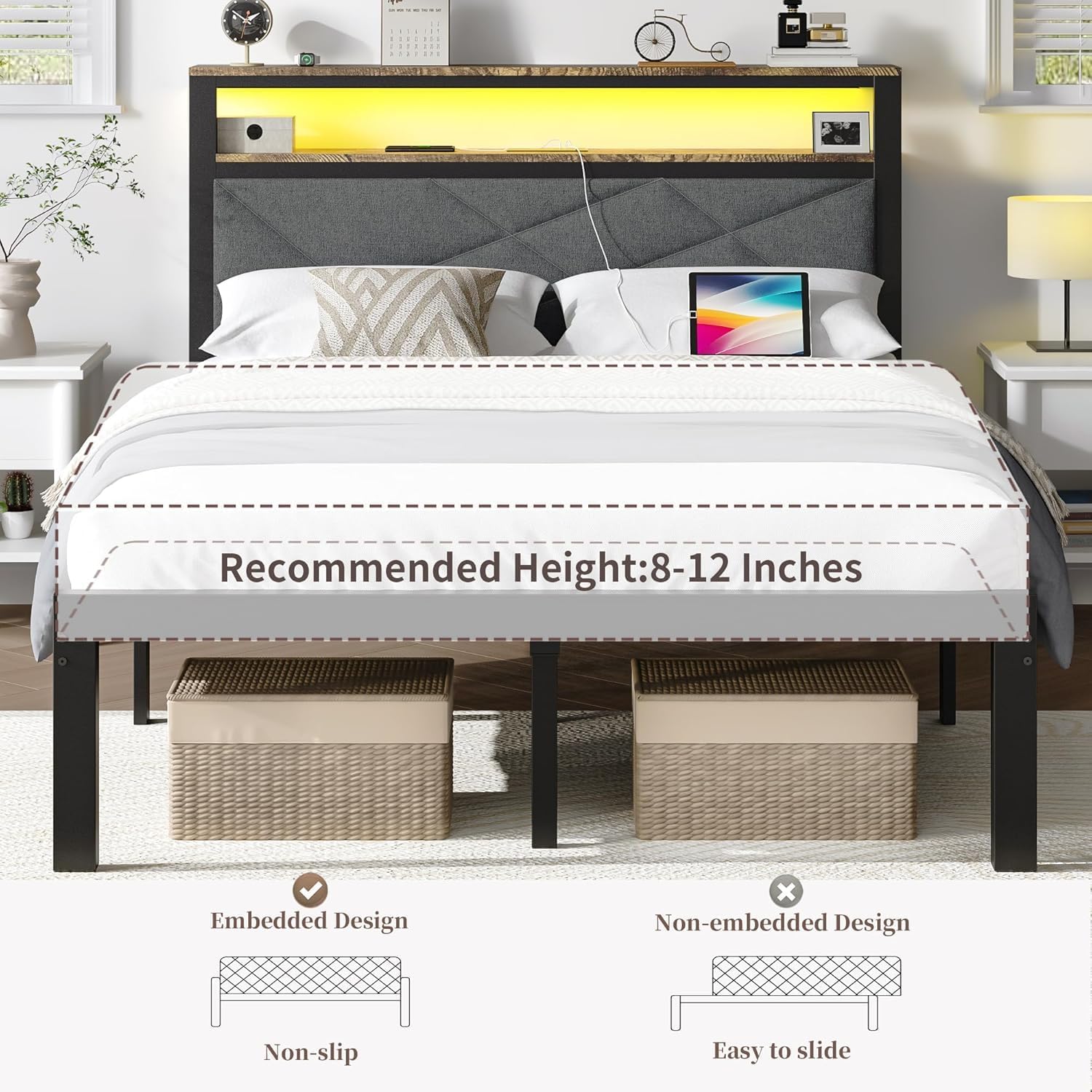 ChicZhiNest Full Size Bed Frame with 2 Tier Upholstered Storage Headboard and Under Bed Storage,Platform Bedframe with LED Lights and Charging Station, No Box Spring Needed,Easy Assembly,Grey