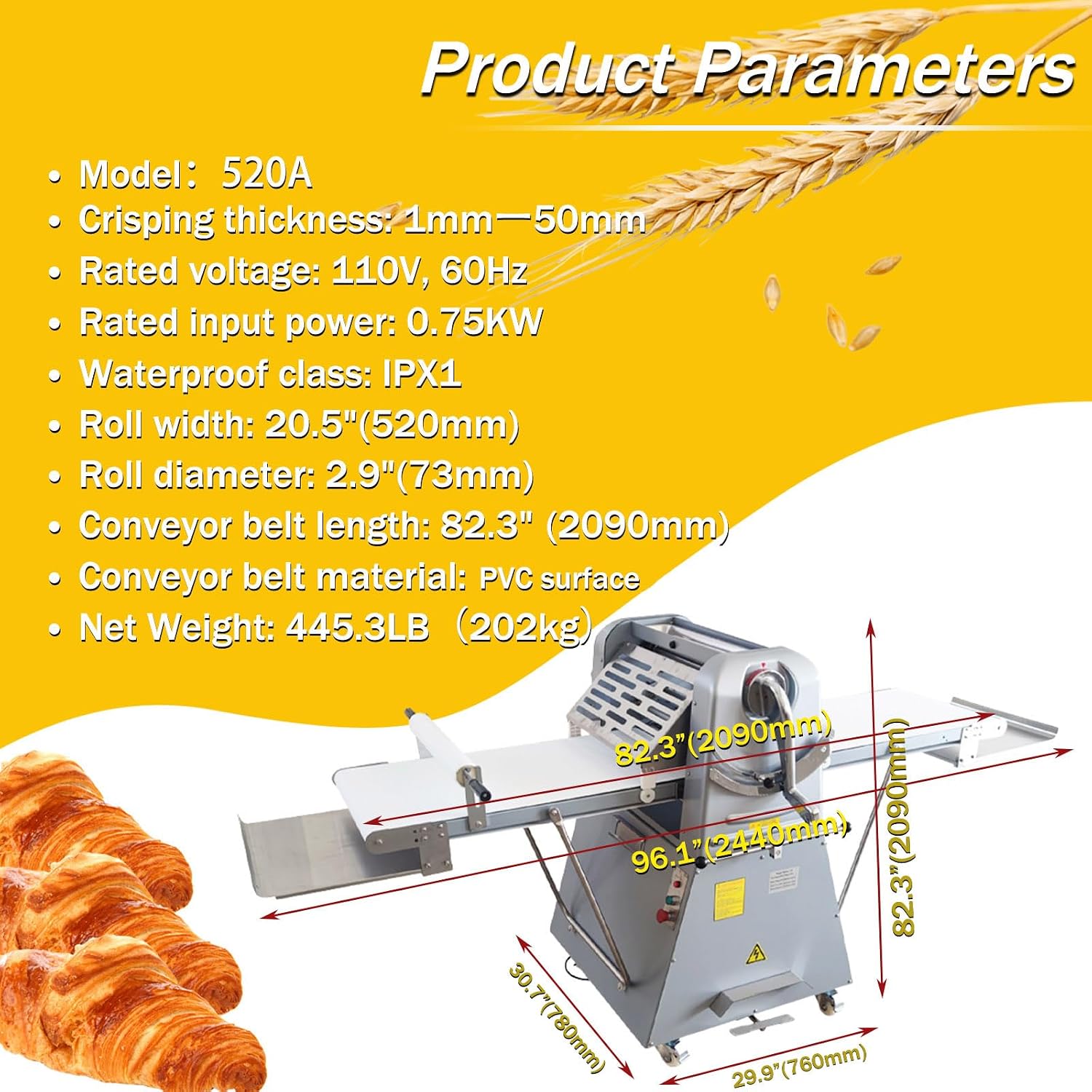 Commercial Electric Dough Sheeter Machine Stainless Steel Vertical Foldable Design 82.3'x19.7' Conveyor Belt 0.04-2' Adjustable Thickness for Croissant Pastry Bakery Canteen 110V