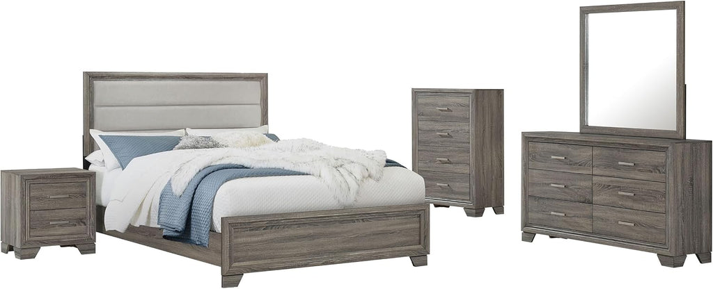 Coaster Home Furnishings Wright Transitional 5-Piece Bedroom Set Fabric Upholstered Eastern King Size Panel Bed Frame 52-inch Headboard Brown Oak 223341KE-S5