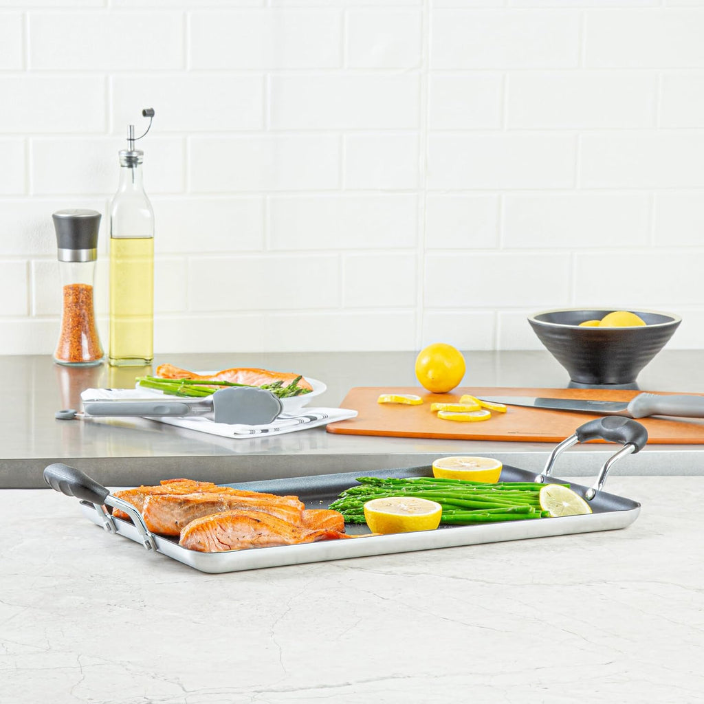 Restaurantware-Met Lux 16.5 x 10.5 Inch Double Burner Griddle, 1 No-Stick Flat Top Grill - Cool Touch Handles, Compatible With Gas And Electric, Aluminum Griddle Pan, Even-Heating, For Eggs