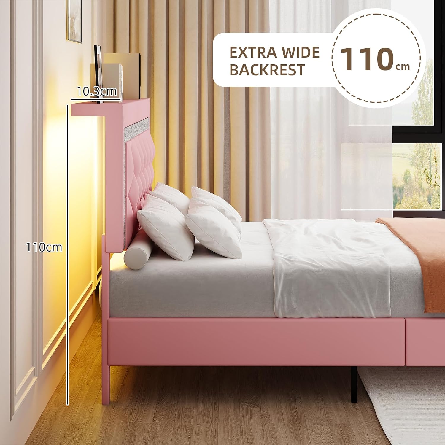BarnFurin Queen Bed Frame with Storage Headboard, Bed Frame Queen Size with Diamond Tufted Headboard and LED Lights, Wooden Slats Support, Noise Free, No Box Spring Needed, Easy Assembly, Pink