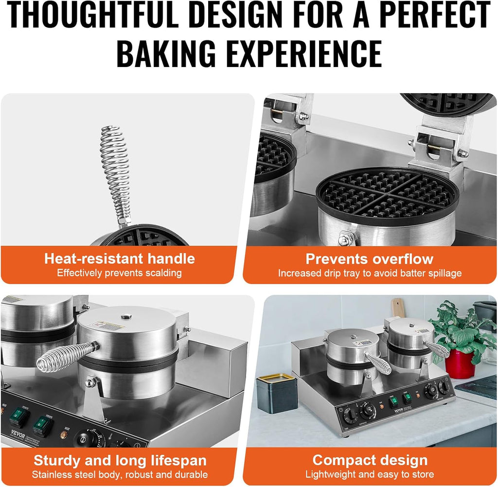 VEVOR Commercial Waffle Maker, Dual-Head Round Waffle Baker Machine, 2460W Non-Stick Stainless Steel Belgian Waffle Iron with Temp and Time Control, Handle, for Restaurant Bakery Snack Bar Family