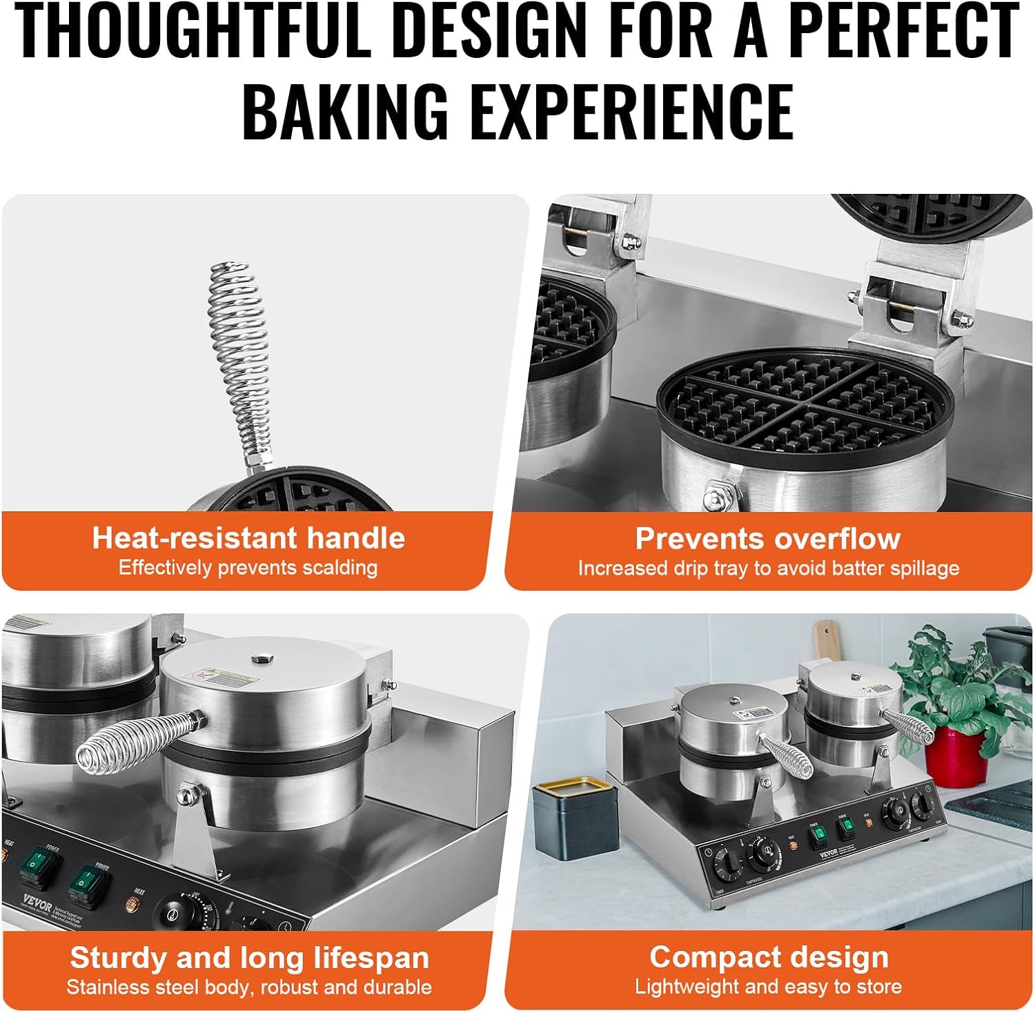 VEVOR Commercial Waffle Maker, Dual-Head Round Waffle Baker Machine, 2460W Non-Stick Stainless Steel Belgian Waffle Iron with Temp and Time Control, Handle, for Restaurant Bakery Snack Bar Family