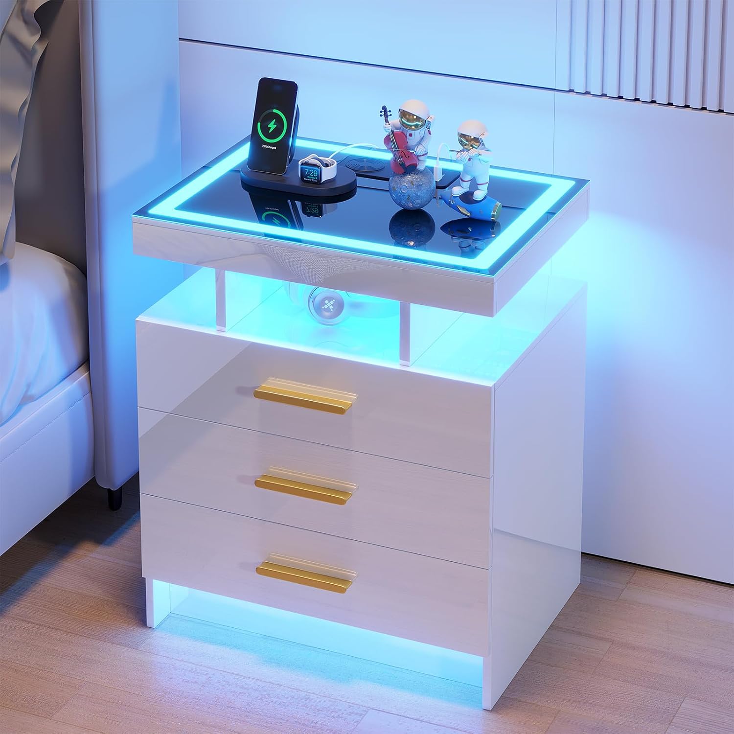 HNEBC LED Nightstand with Charging Station,Smart Bedside Table with Motion Sensor Lights,3 Drawers,Tempered Glass Top,High Gloss End Table with 3 Color Lights for Bedroom, Living Room,Office-White