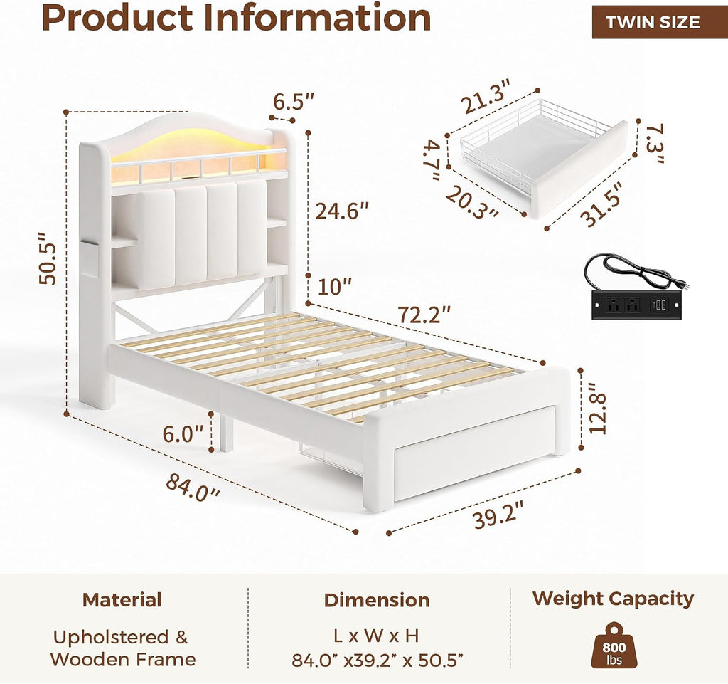 Twin Size Bed Frame with LED Storage Headboard & 2 Storage Drawers, Velvet Upholstered Bed with Vertical Tufted Headboard Design, USB & Type-C Charging Ports, Wooden Slats Support, Noise-Free, Beige