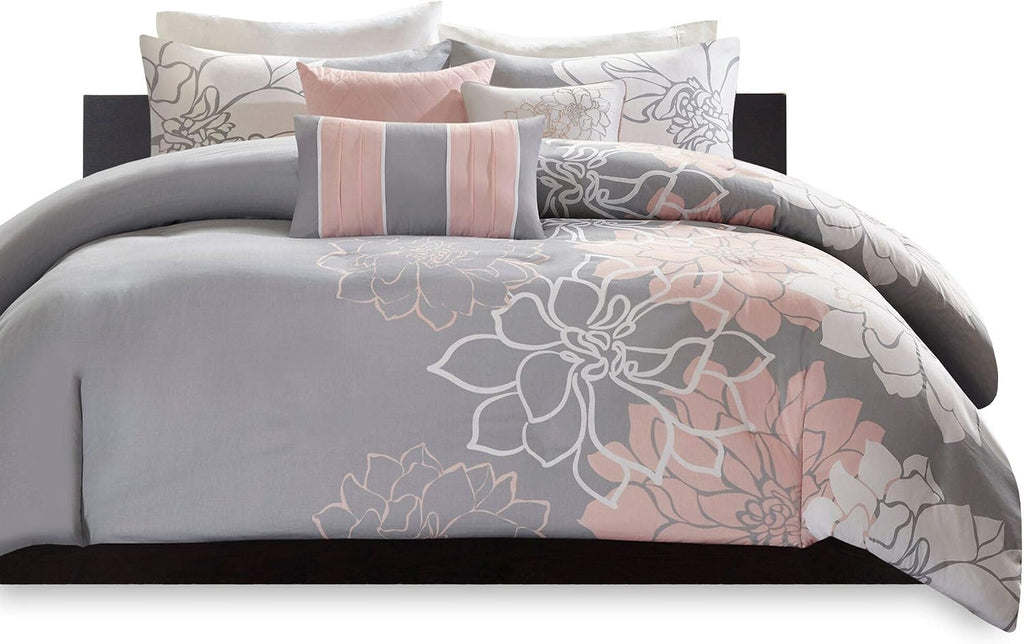 Madison Park Lola Sateen Cotton Comforter Set-Casual Medallion Floral Design All Season Down Alternative Bedding, Shams, Bedskirt, Decorative Pillows, Cal King(104'x92'), Taupe Grey/Peach, 7 Piece
