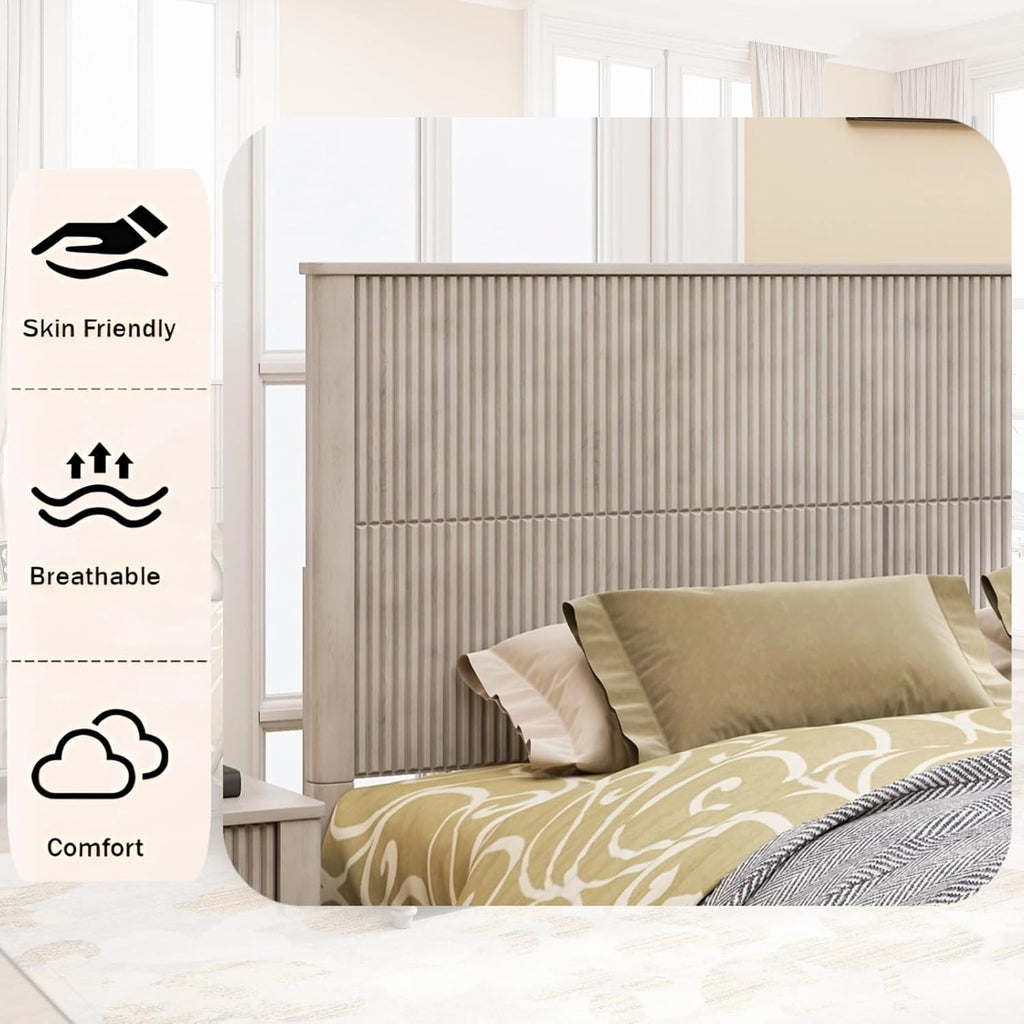 Wood King Size Bed Frame,King Size Platform Bed with Headboard,Tall Walnut Finish,No Box Spring Needed, Durable Slat Support for Memory Foam Mattresses, Elegant Design,Beige