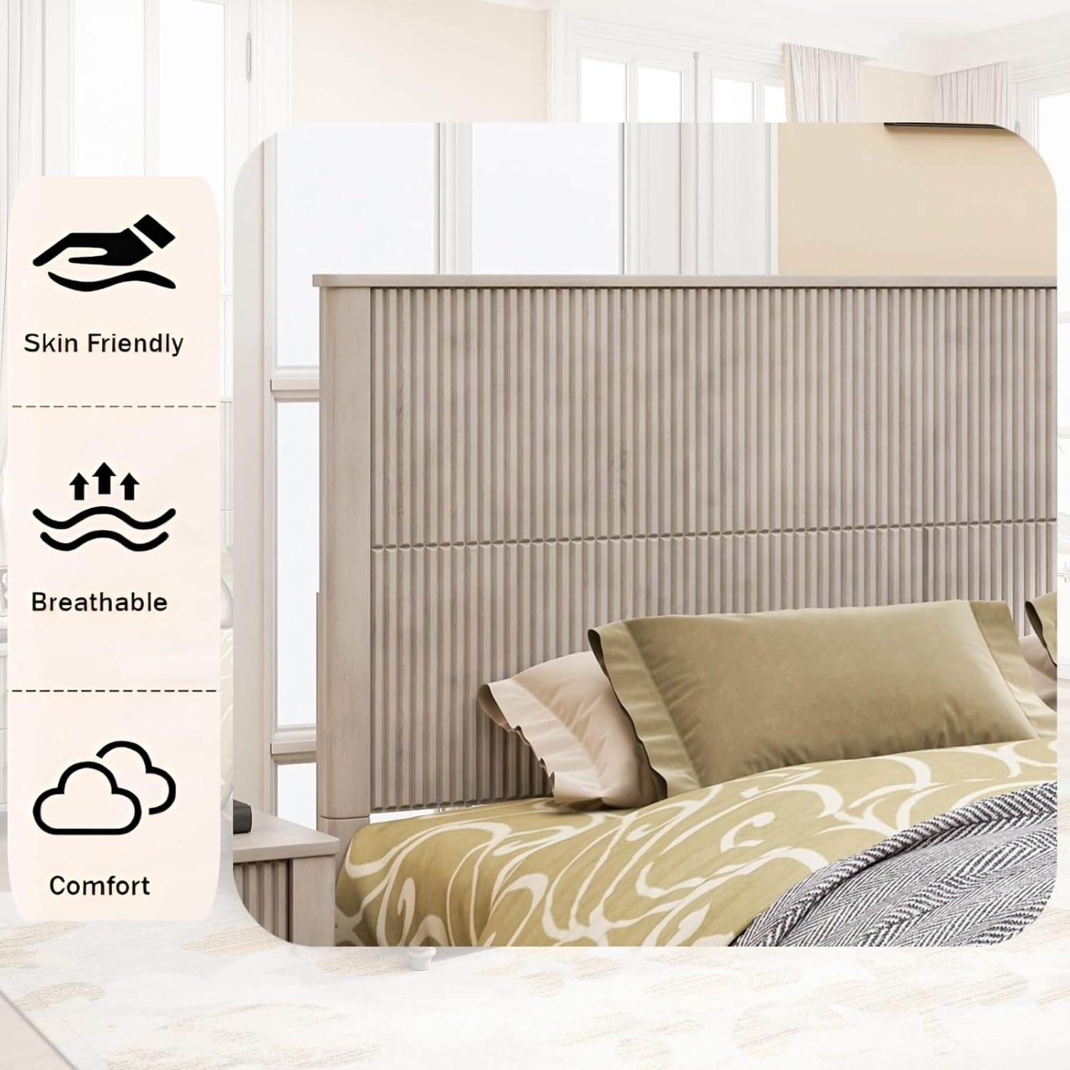 Wood King Size Bed Frame,King Size Platform Bed with Headboard,Tall Walnut Finish,No Box Spring Needed, Durable Slat Support for Memory Foam Mattresses, Elegant Design,Beige