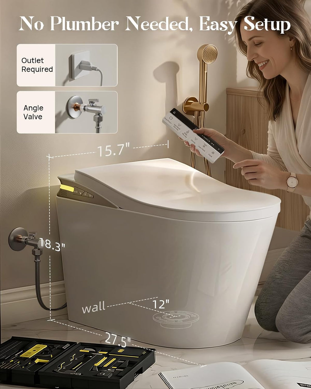 Smart Toilet with Bidet Built-in, Dual Nozzle Feminine Wash & Rear Wash, Auto Open/Close Lid, Heated Seat with Massage Vibration, Foam Shield, One Piece Elongated Toilet, Auto Flush & Dryer