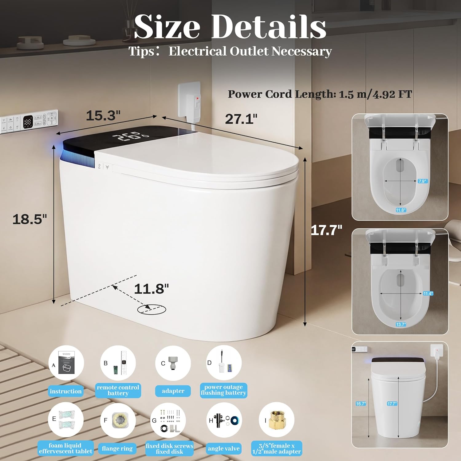 Luxury Smart Toilet with Bidet, Elongated One Piece Toilet with Heated Seat, Dryer, Auto Flush/Lid&Seat, Child Mode, Electric Tankless Toilets for Bathroom with Siphon Flush 1.28 GPF, MAP 1000g