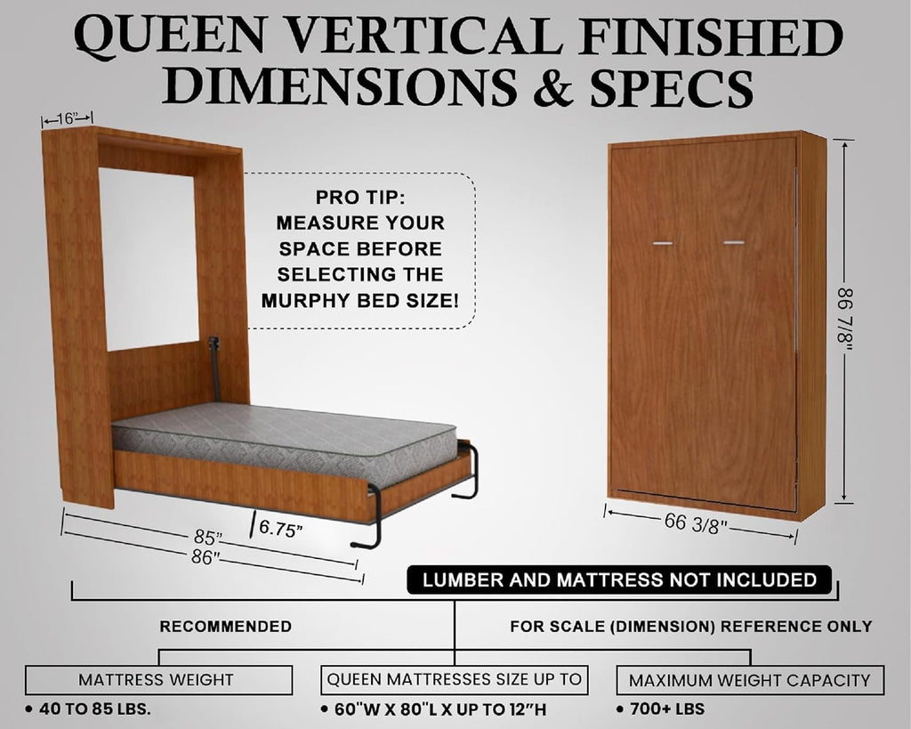 Queen Size DIY Murphy Bed Hardware Kit – Vertical Wall Bed for Space-Saving - Budget-Friendly DIY Setup -Made in USA -Hide Away Design with Murphy Bed Queen Hardware - Bed Lift Mechanism - Pull Down