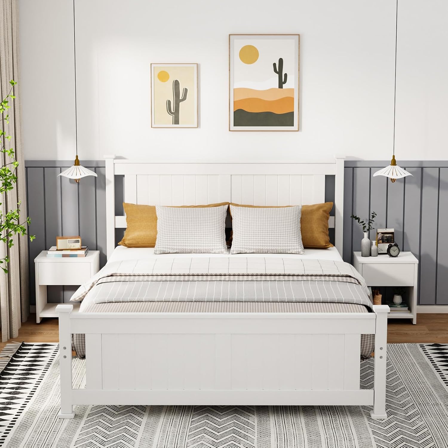 VINGLI Full Size Solid Wood Bed with Headboard, Sturdy & Durable Construction,Modern Minimalist Panel Platform Bed with Strong Support for Kids,Adults & Guests,Sleigh Bed,Crisp White
