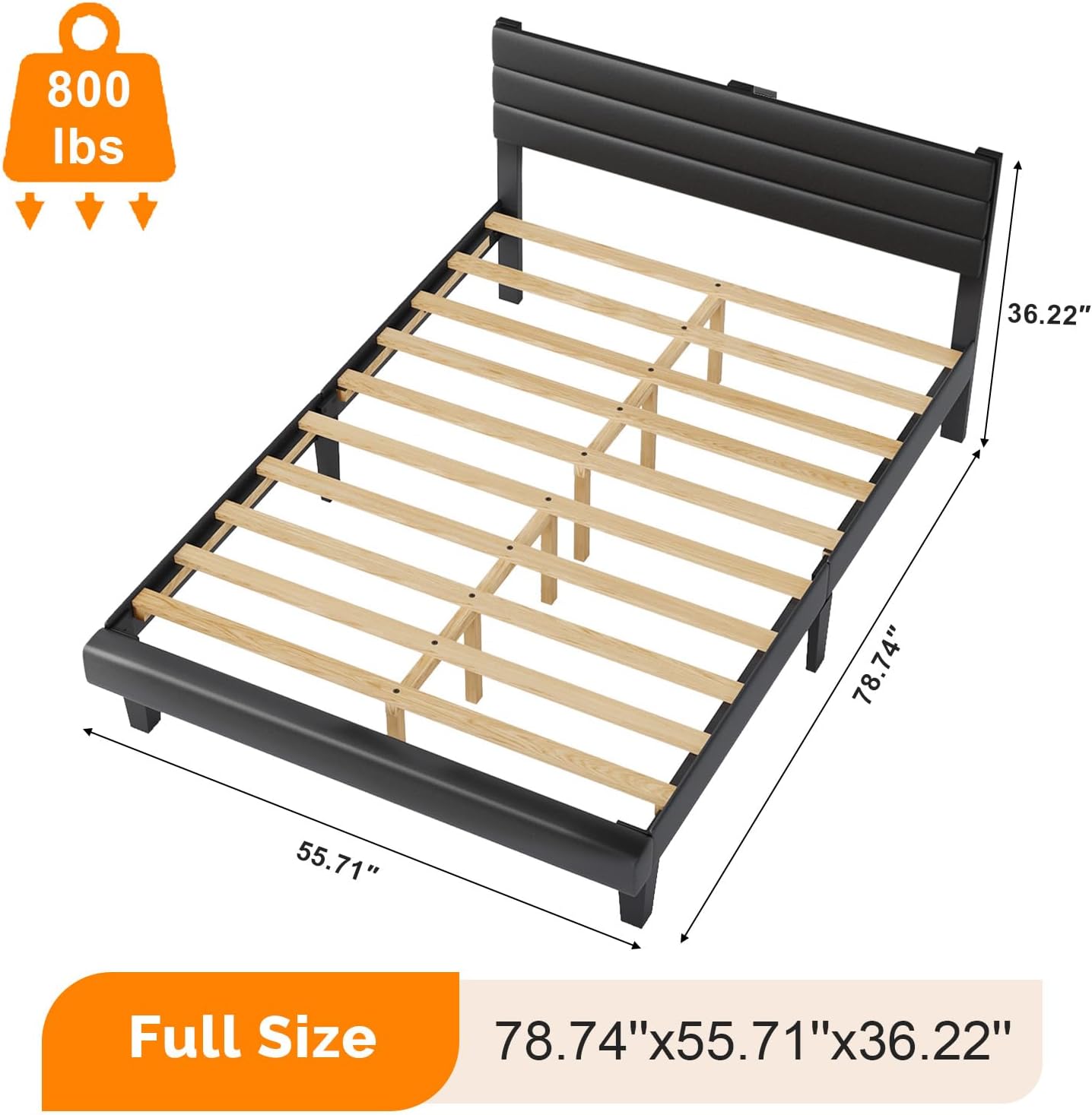 VINGLI Full Faux Leather Bed Frame, Upholstered Platform Bed with Adjustable Headboard, Wood Mattress Foundation with Heavy Duty Slats Support,Luxury Modern,No Box Spring Needed, Black