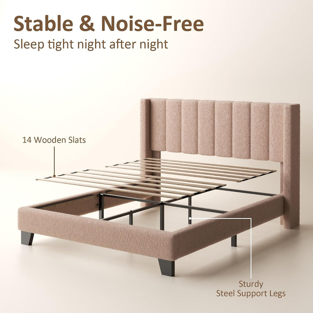 Queen Bed Frame with Headboard Upholstered Platform Bed Frame with Teddy Velvet Headboard, Wooden Slats Support/Wing Edge Design/No Box Spring Needed/Easy Assembly, Camle