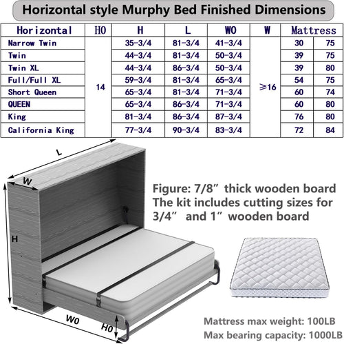 (Horizontal,Full/Full XL) Create A Luxurious Bed Easy Murphy Bed Hardware Kit, Hover in Mid Air Hydraulic Rod Gas Spring System Folding Wall Bed Hidden on The Wall