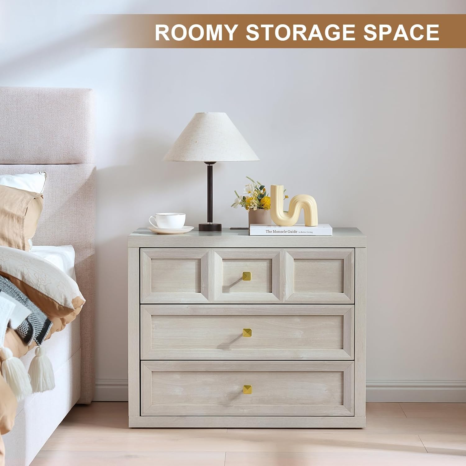 3 Drawers Nightstand Set of 2 W/Charging Station, 30.7' W King Size Bedside Table with 3 Drawers, Accent End Table W/Large Storage, Modern Wood Side Table for Bedroom,Office (2 Pieces, Beige)