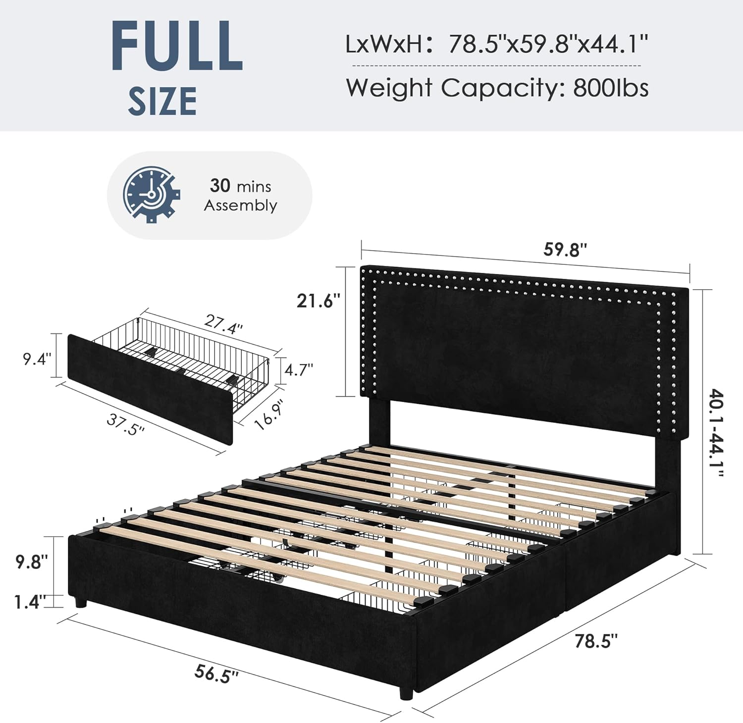 VECELO Full Size Upholstered Bed Frame with 4 Storage Drawers, Adjustable Velvet Rivet Decor Headboard, Wooden Slats Platform Support, No Box Spring Needed, Easy Assembly,Black