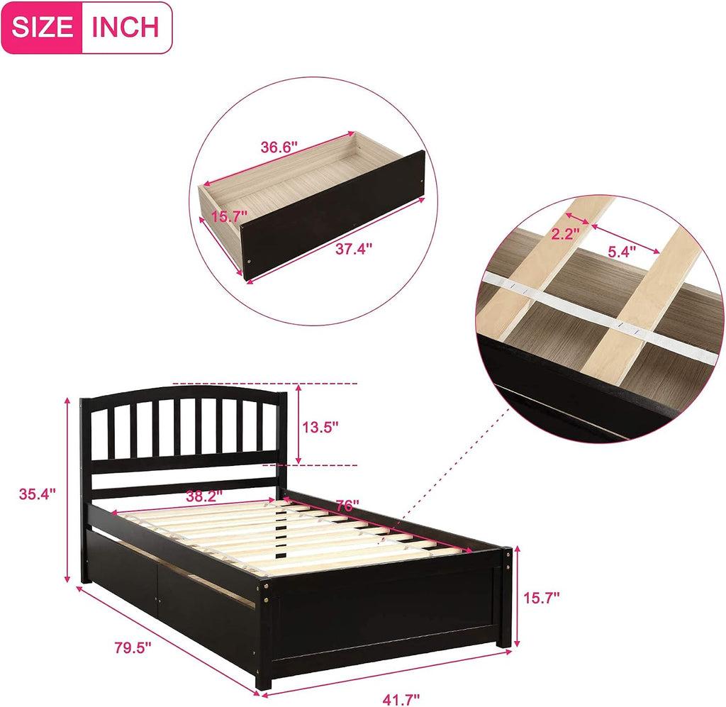 Harper & Bright Designs Wood Twin Size Platform Bed with Storage Drawers and Headboard for Saving Space, Vintage Bed Frame for Kids Boys Girls, No Box Spring Needed, Space Saving, Espresso