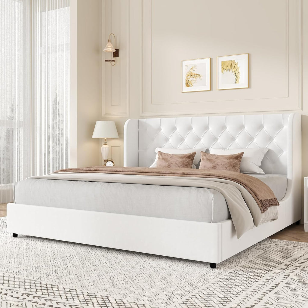 HOMBCK White King Size Bed Frame, Velvet Upholstered Platform Bed Frame with Headboard, Curved Wingback Design, Wooden Slats, No Box Spring, Noise Free, Easy Assembly