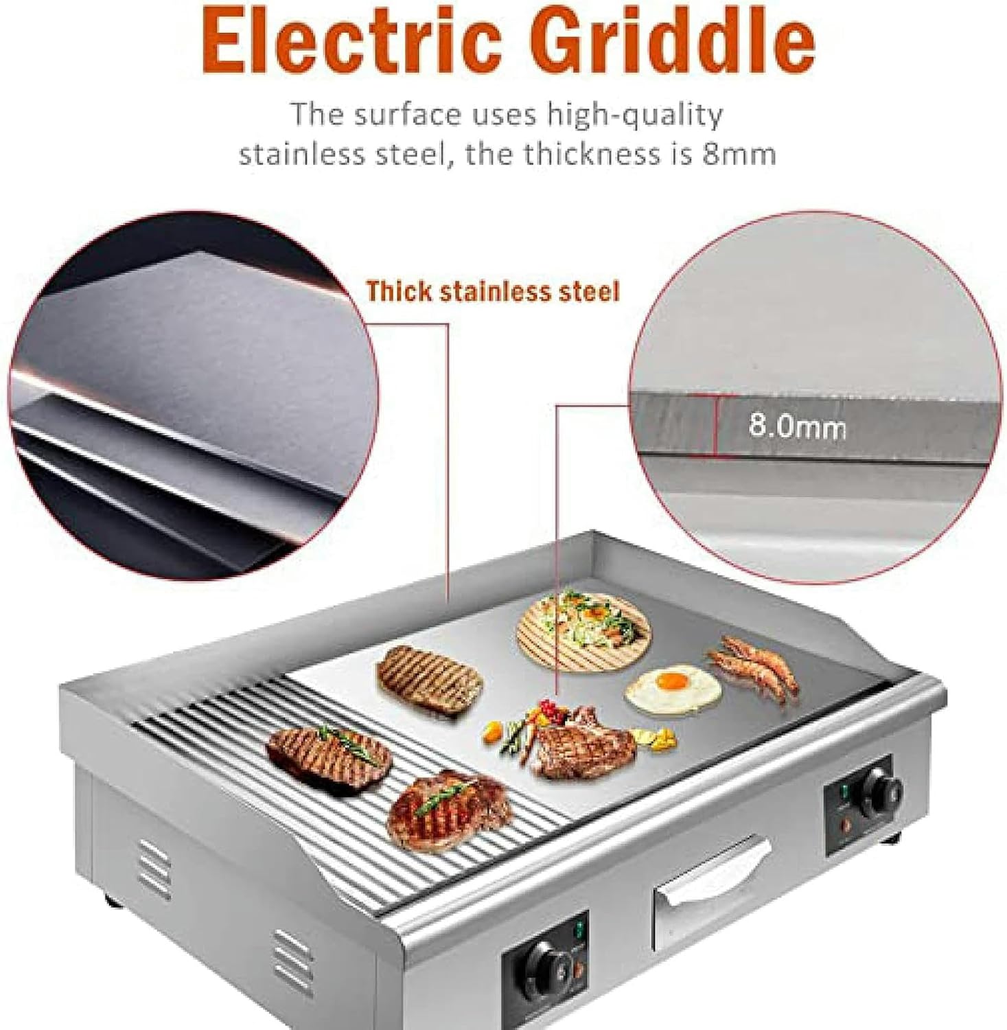 29' Commercial Electric Griddle, Half Grooved/Flat Countertop Bakeware Non-Stick Teppanyaki Stainless Steel Grill with Dual Temperature Control Button, 220V 4400W