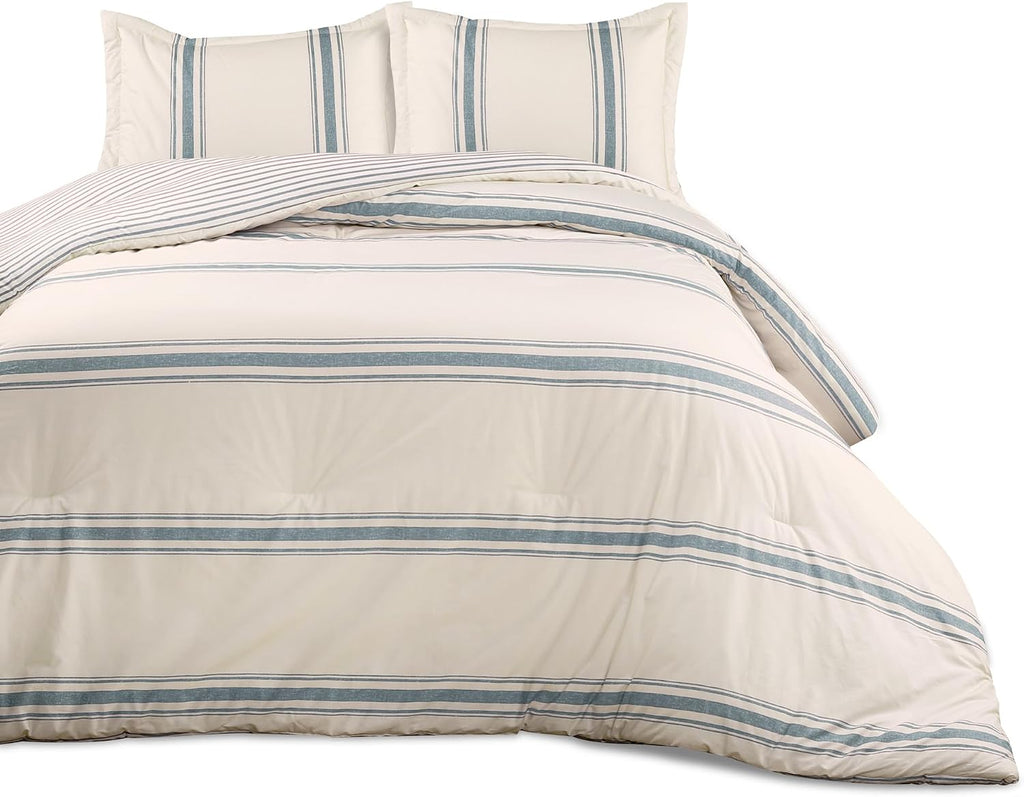Lush Decor Farmhouse Stripe Reversible Cotton Comforter Set, 3 Piece Set, King, Blue - Cozy Farmhouse Bedding Set - Rustic Decor - Striped Comforter - Modern Farmhouse Bedroom Decor