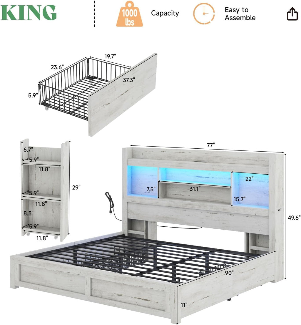 AMERLIFE King Bed Frame with 4 Storage Drawers, LED Bed Frame with 49.6' Tall Bookcase Headboard, Wood Platform Bed with 2 Slide Bedside Shelf & Charging Station, No Box Spring Needed/Distressed White