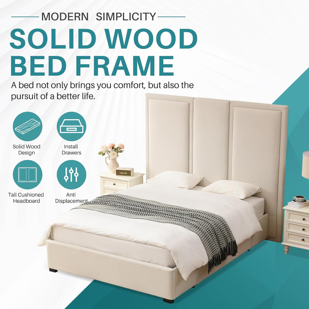 YUHUASHI Queen Size Bed Frame with 64-inch High Headboard, Simple and Airy Linen Upholstered Platform Bed with Storage Drawers, Wood Slat, No Noise (Beige, Queen)