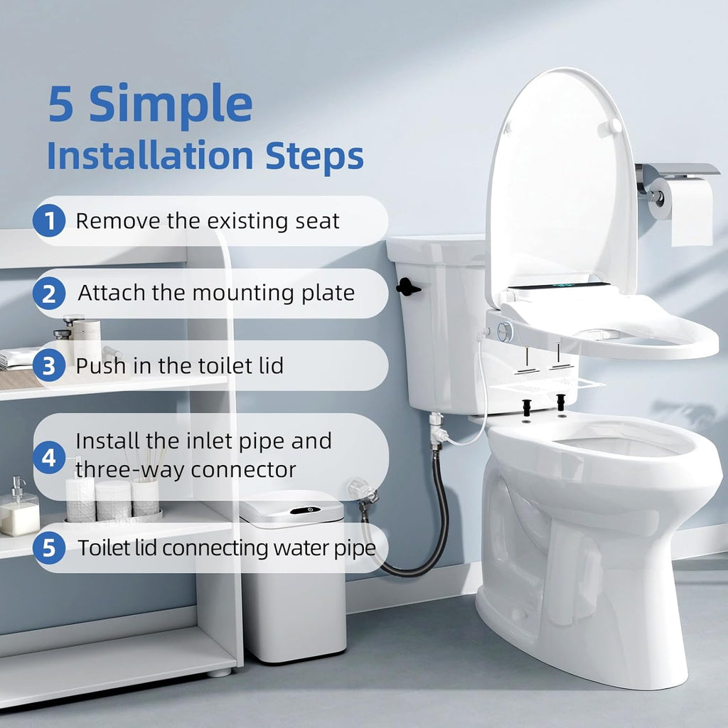 Electric Bidet Toilet Seat Round, Heated Bidet Seat with Instant Warm Water, Warm Air Dryer, Self-Cleaning Stainless Steel Nozzle, Heated Seat, Night Light, Remote Control, Soft Close