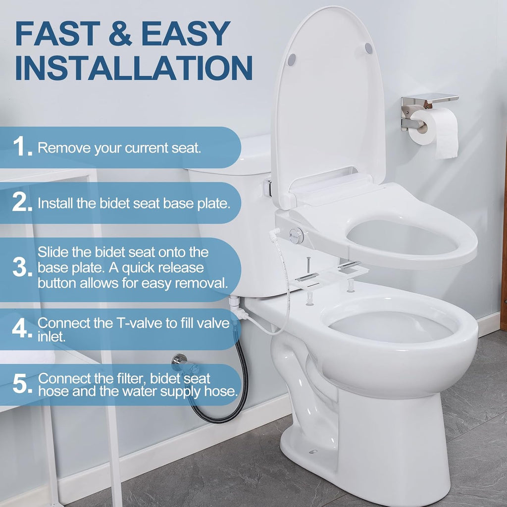 Electric Bidet Toilet Seat, Elongated, Warm Water with Air Dryer, Heated Seat and Slow Close Lid, Front and Rear Wash, Adjustable Water Temperature, LED Nightlight, Wireless Remote, White, 101