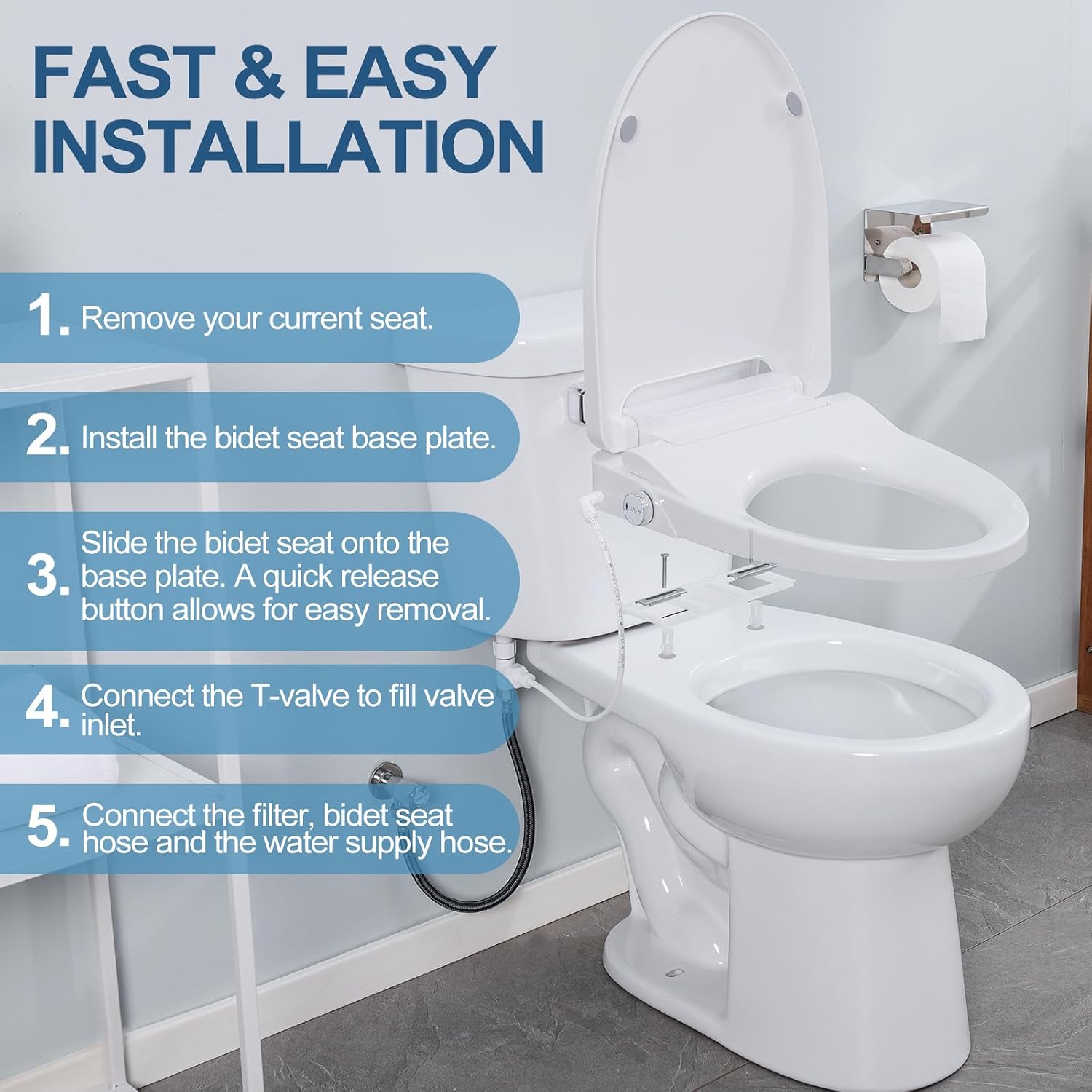 Bidet Toilet Seat, Elongated, Electric, Warm Water, Air Dryer, Heated Seat and Slow Close Lid, Front and Rear Wash, Night light, Wireless Remote, 102 (Elongated)