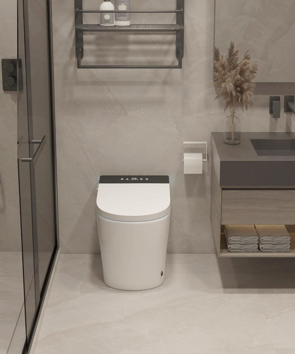 Compact Smart Toilet with Bidet Seat Built-in, Modern Tankless Design with 23.25' Depth, Auto Open Auto Flush, Heated Seat, Instant Warm Air Dryer for Small Bathrooms, White with Black Panel