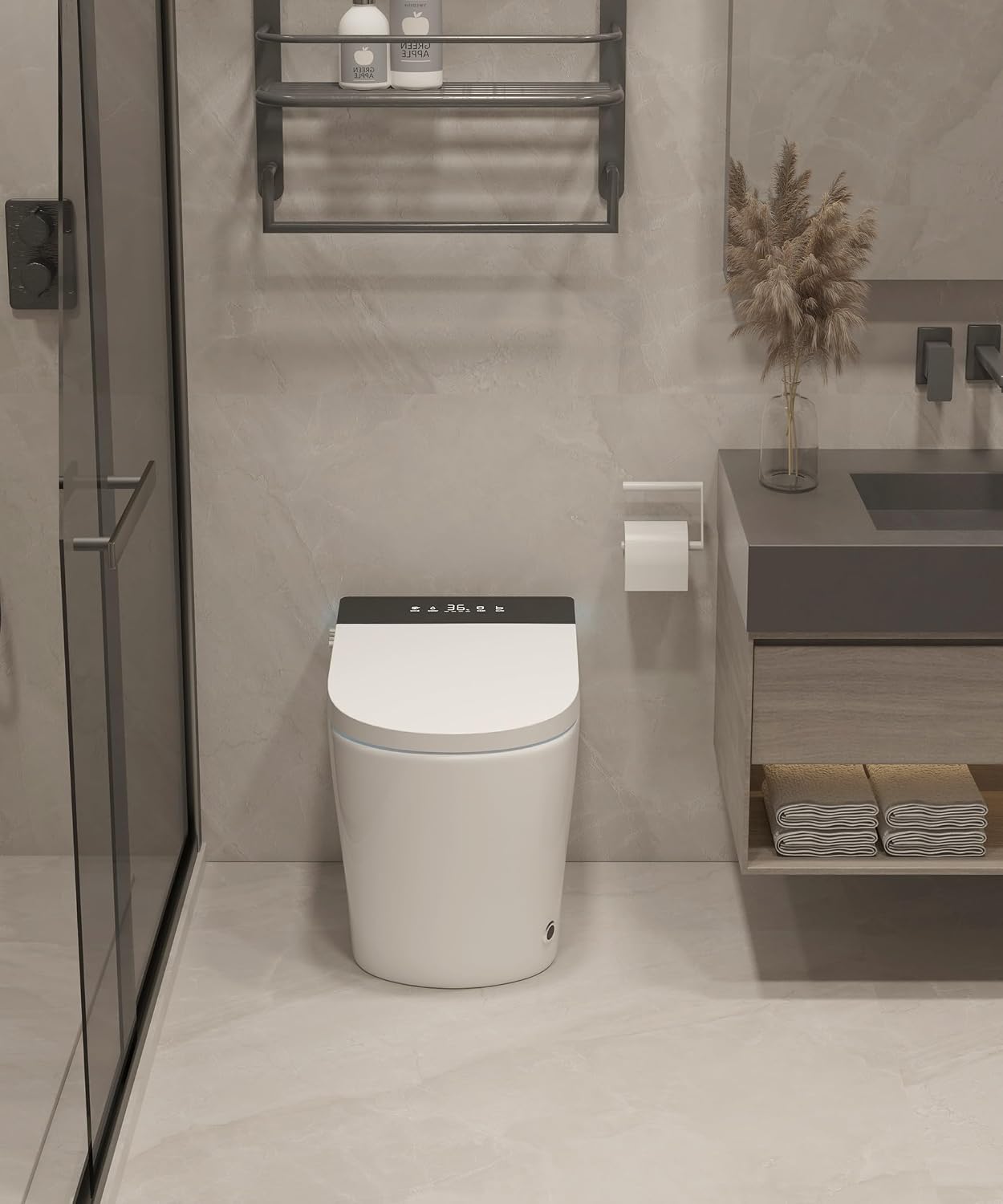 Compact Smart Toilet with Bidet Seat Built-in, Modern Tankless Design with 23.25' Depth, Auto Open Auto Flush, Heated Seat, Instant Warm Air Dryer for Small Bathrooms, White with Black Panel