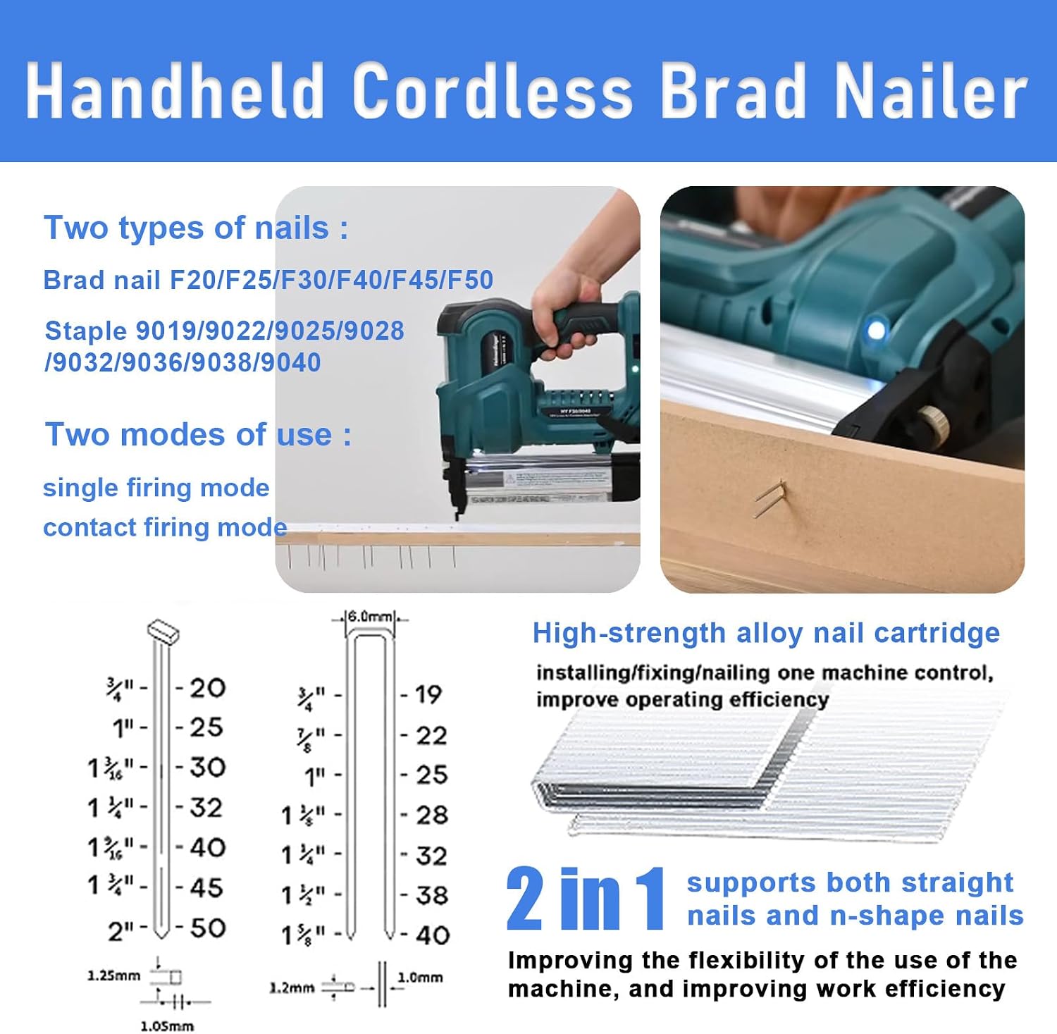 2 in 1 Brad Nailer Battery Powered, Electric Nailing Machine with 200 Pcs Straight Nails & Staples, Brad Nailer with 2 * 2.0 Ah Batteries, for Home Improvement & Woodworking Red