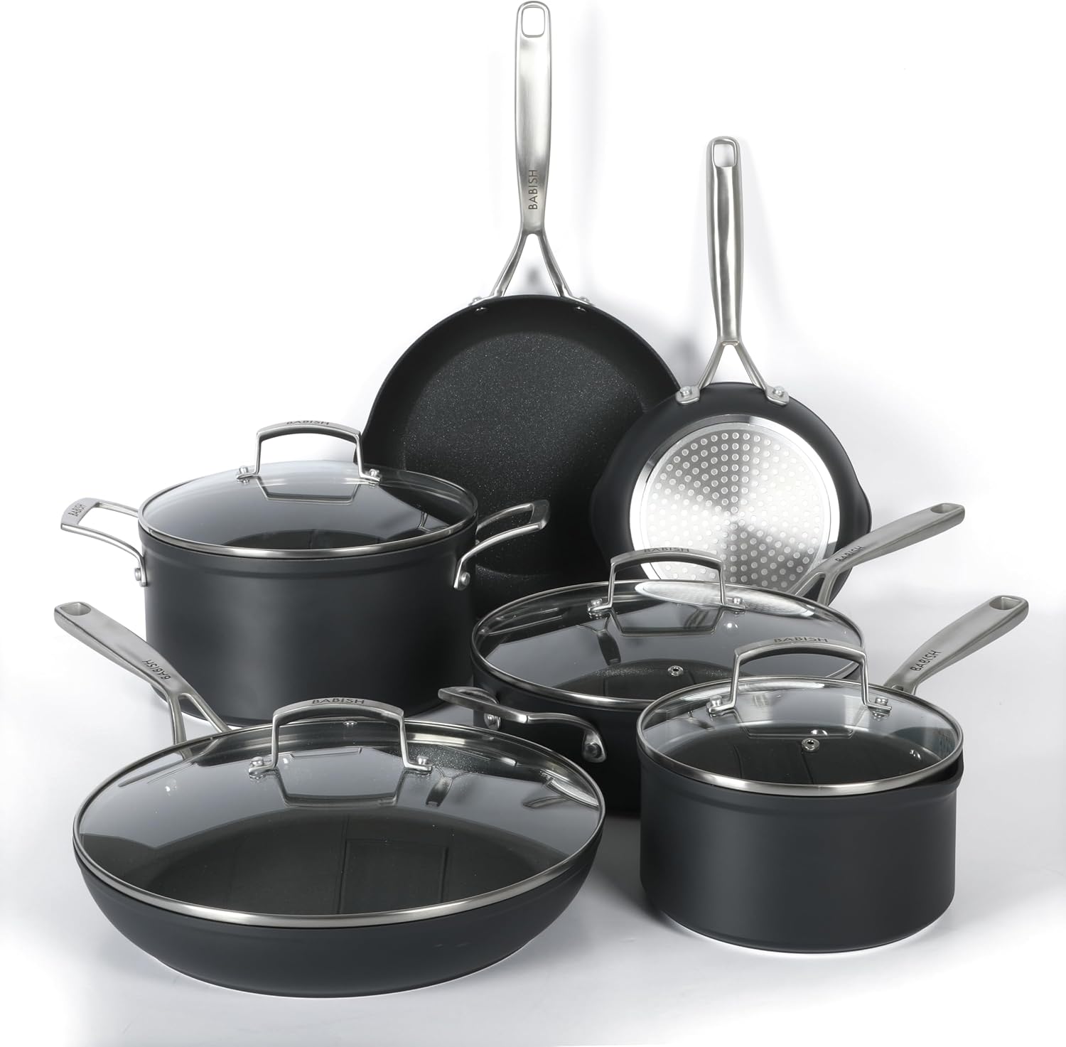 Babish 10 Piece Hard Anodized Laser Titanium Forever Non Stick Technology Durable Pots and Pans Cookware Set - Black