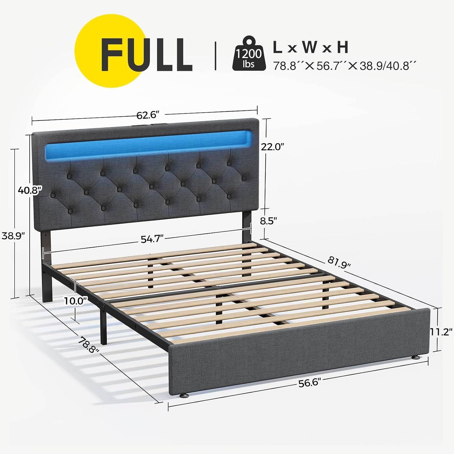 Rolanstar Full Size Bed Frame with Charging Station, LED Bed with Under Bed Storage, Adjustable Headboard 38.9/40.8 Inches, No Box Spring Needed, Noise Free, Easy Assembly, Grey