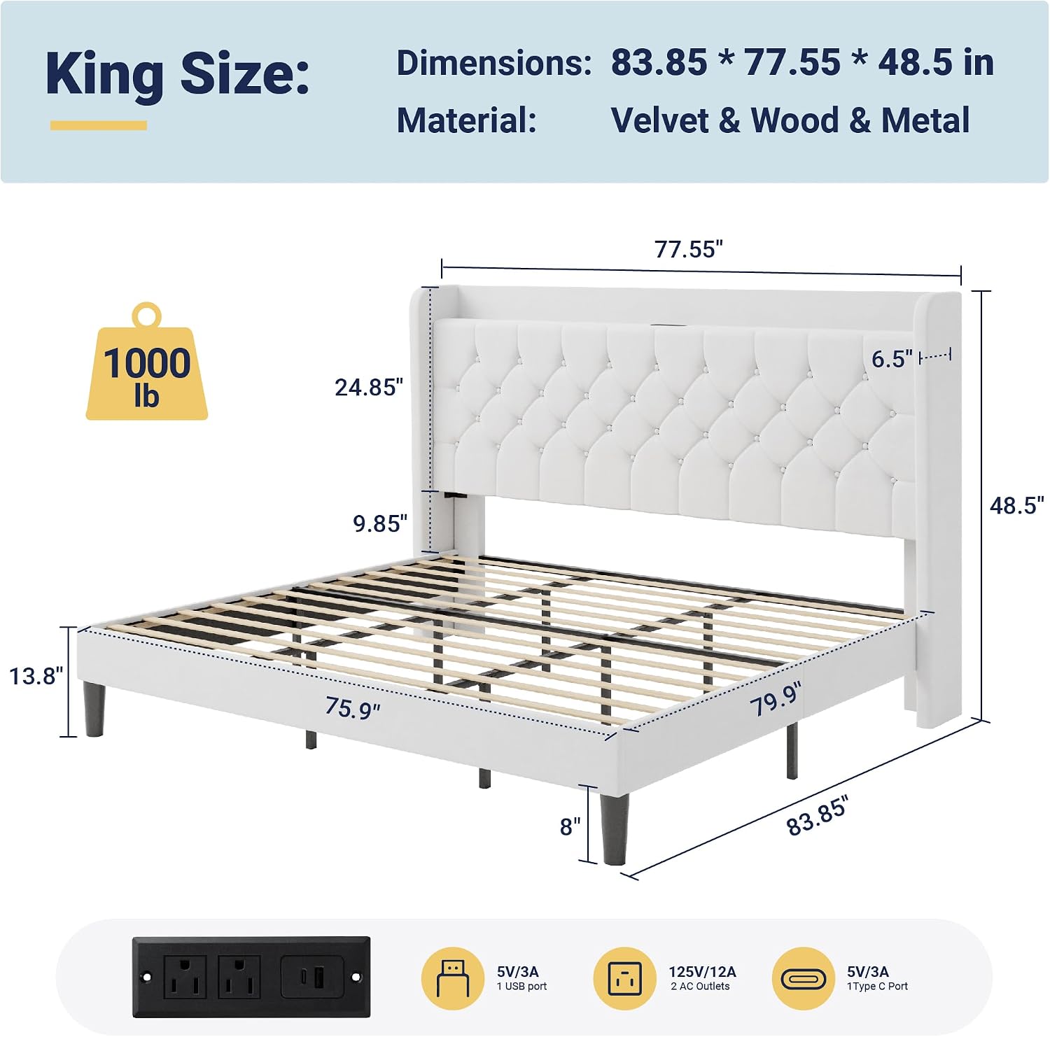 Allewie King Size Bed Frame, Storage Headboard with Charging Station, Wingback Velvet Upholstered, Diamond Stitched Button Tufted, Sturdy Wooden Slats, No Box Spring Needed, Easy Assembly, White