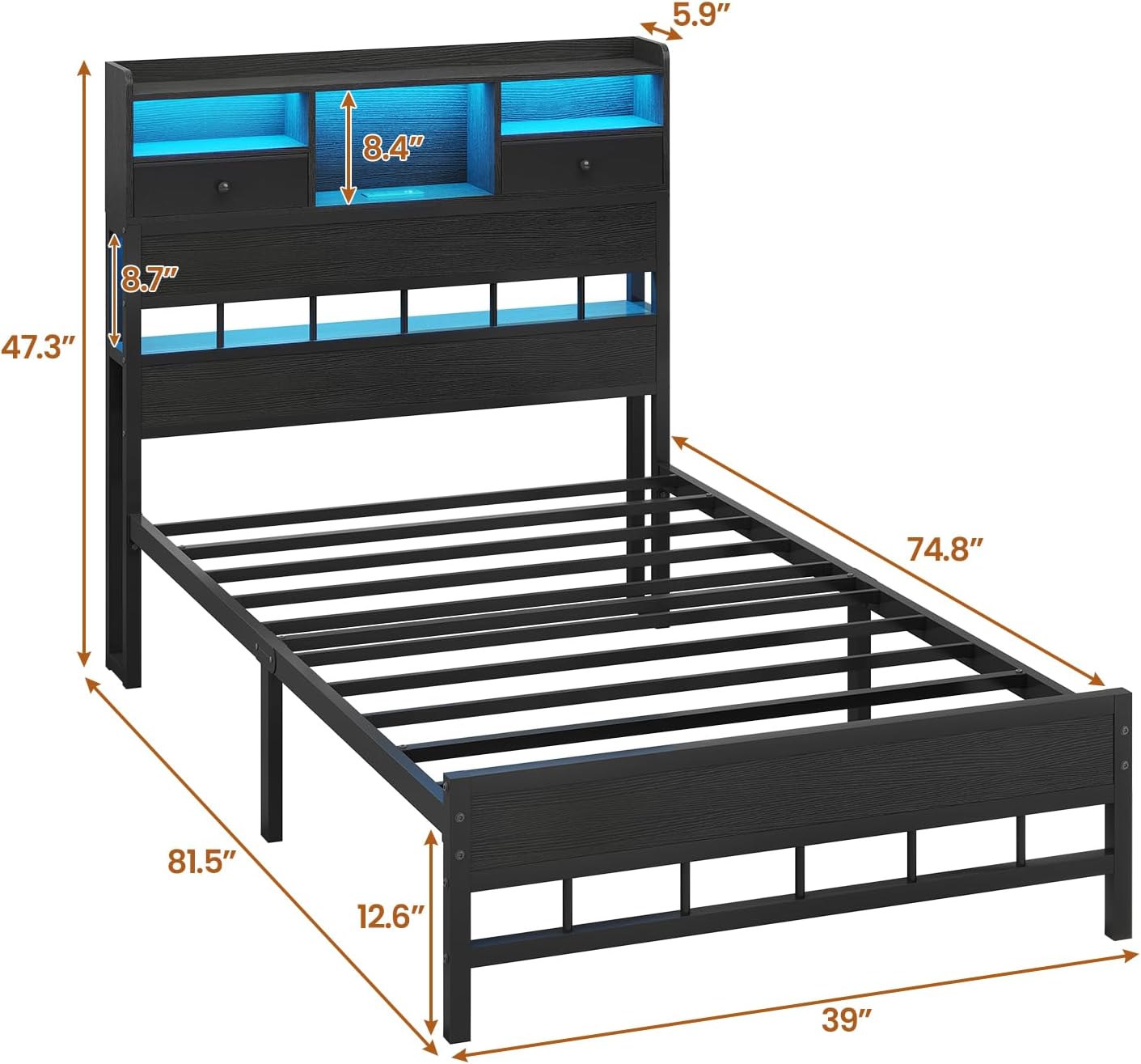 BTHFST Twin Bed Frames with Headboard & Charging Station, LED Bed Frame Twin with 5 Storage Shelves & Under Bed Storage, Platform Bed Frames for Kids, No Box Spring Needed, Black