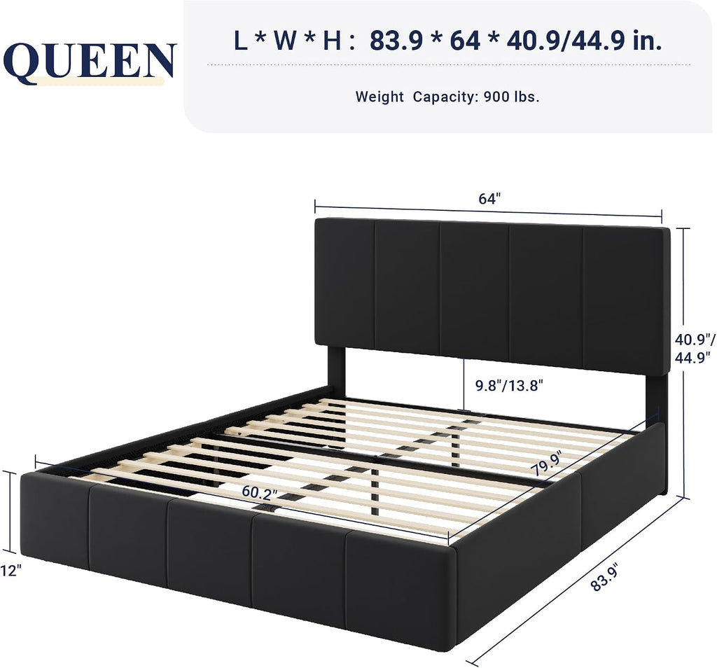 Allewie Queen Size Dutch Velvet Upholstered Platform Bed Frame/Vertical Channel Tufted Adjustable Headboard/Low Profile Bed Frame/No Box Spring Needed/Easy Assembly/Black