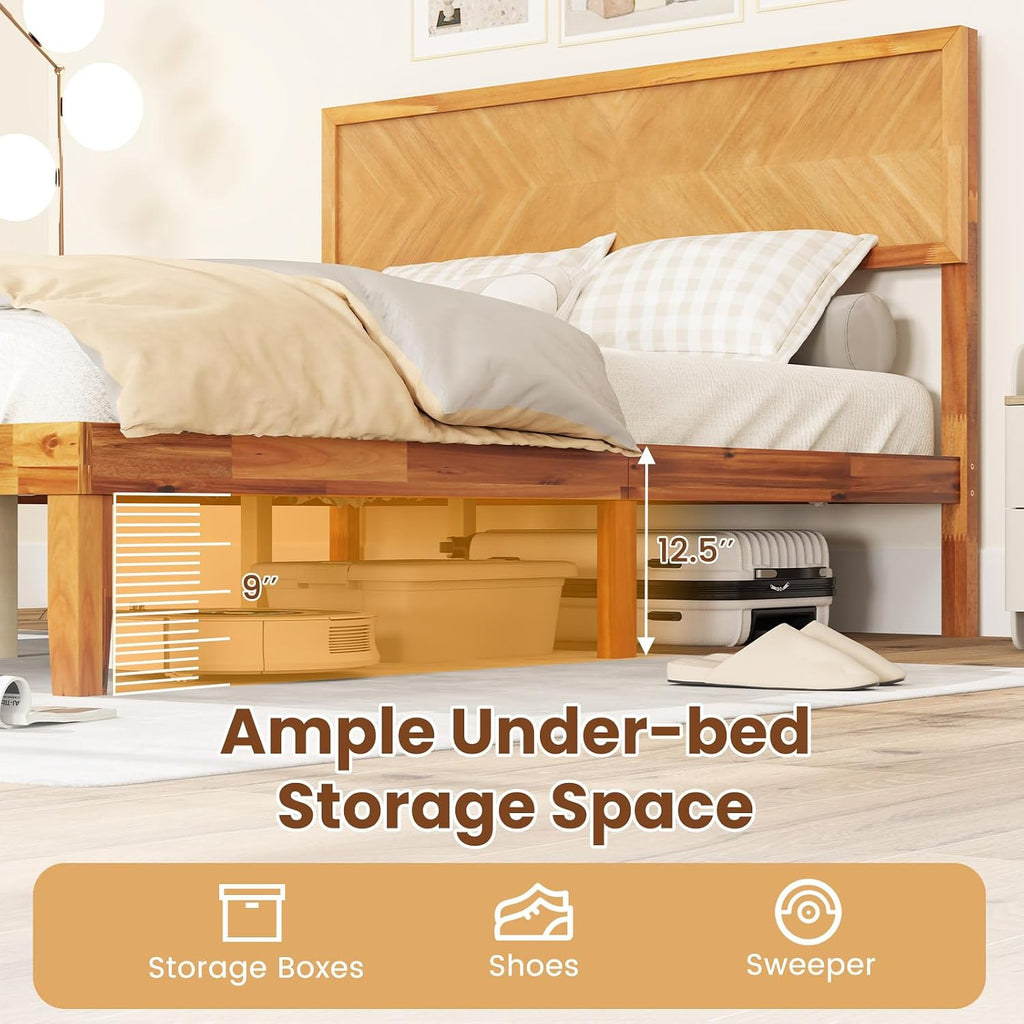 Giantex Wood Full Size Bed Frame with Headboard, Solid Acacia Wood Platform Bed with 12 Strong Wooden Slat Support, Scandinavian Style Art Deco Full Bed Frame, No Box Spring Needed, Rustic Brown