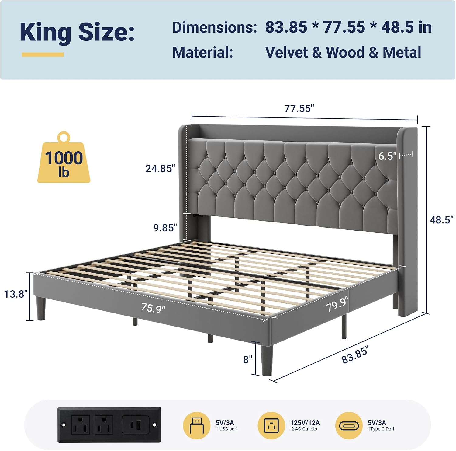 Allewie King Size Bed Frame, Storage Headboard with Charging Station, Wingback Velvet Upholstered, Diamond Stitched Button Tufted, Sturdy Wooden Slats, No Box Spring Needed, Easy Assembly, Grey