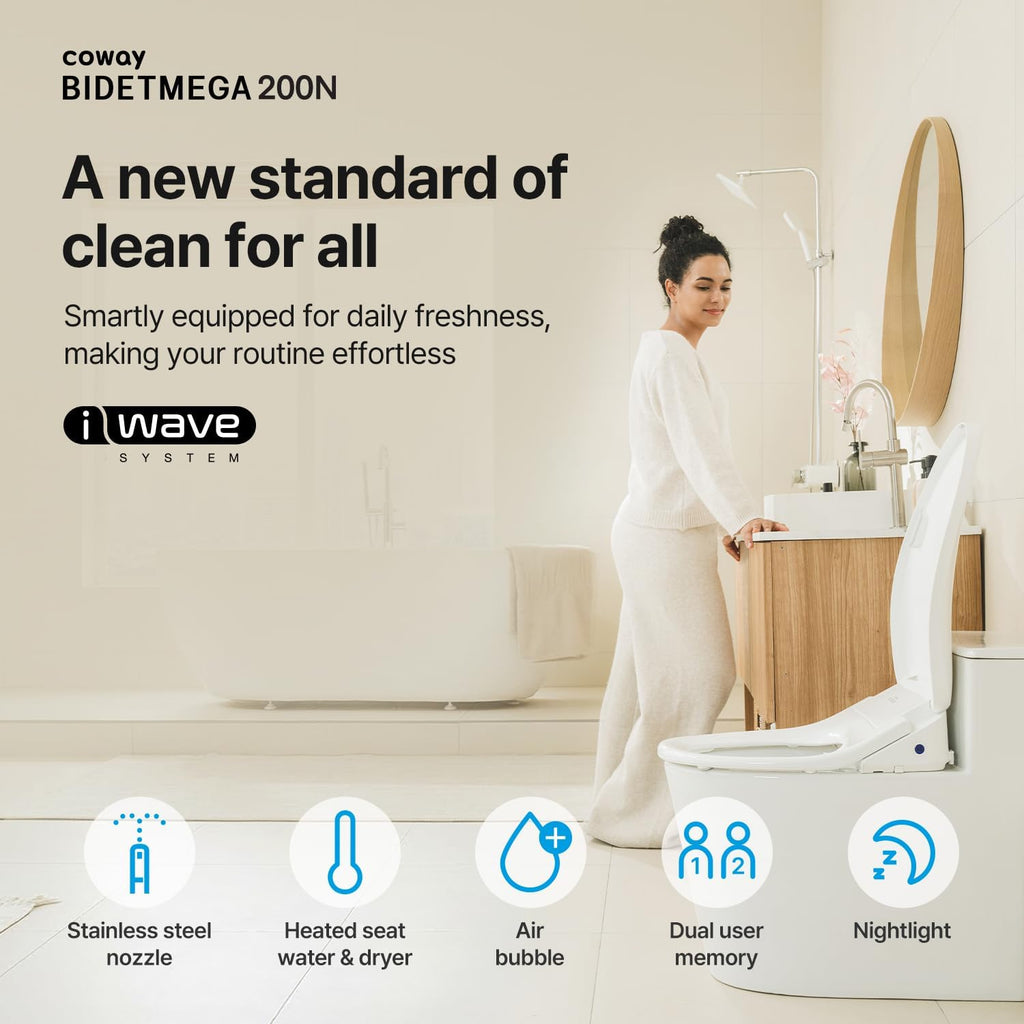 COWAY Bidetmega 200N Electronic Bidet Toilet Seat with Instantaneous Water Heating, Heated Seat and Dryer, Soft Close Lid, Stainless Nozzle, Night Light, Self Cleaning, Remote Control, Elongated