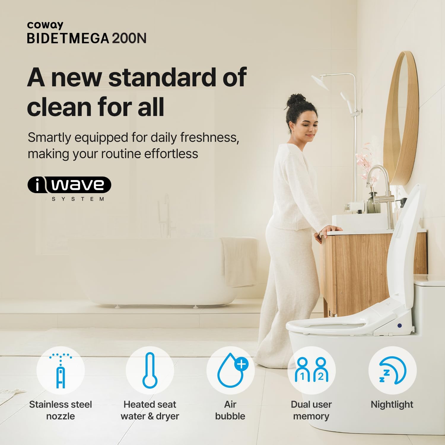 COWAY Bidetmega 200N Electronic Bidet Toilet Seat with Instantaneous Water Heating, Heated Seat and Dryer, Soft Close Lid, Stainless Nozzle, Night Light, Self Cleaning, Remote Control, Elongated