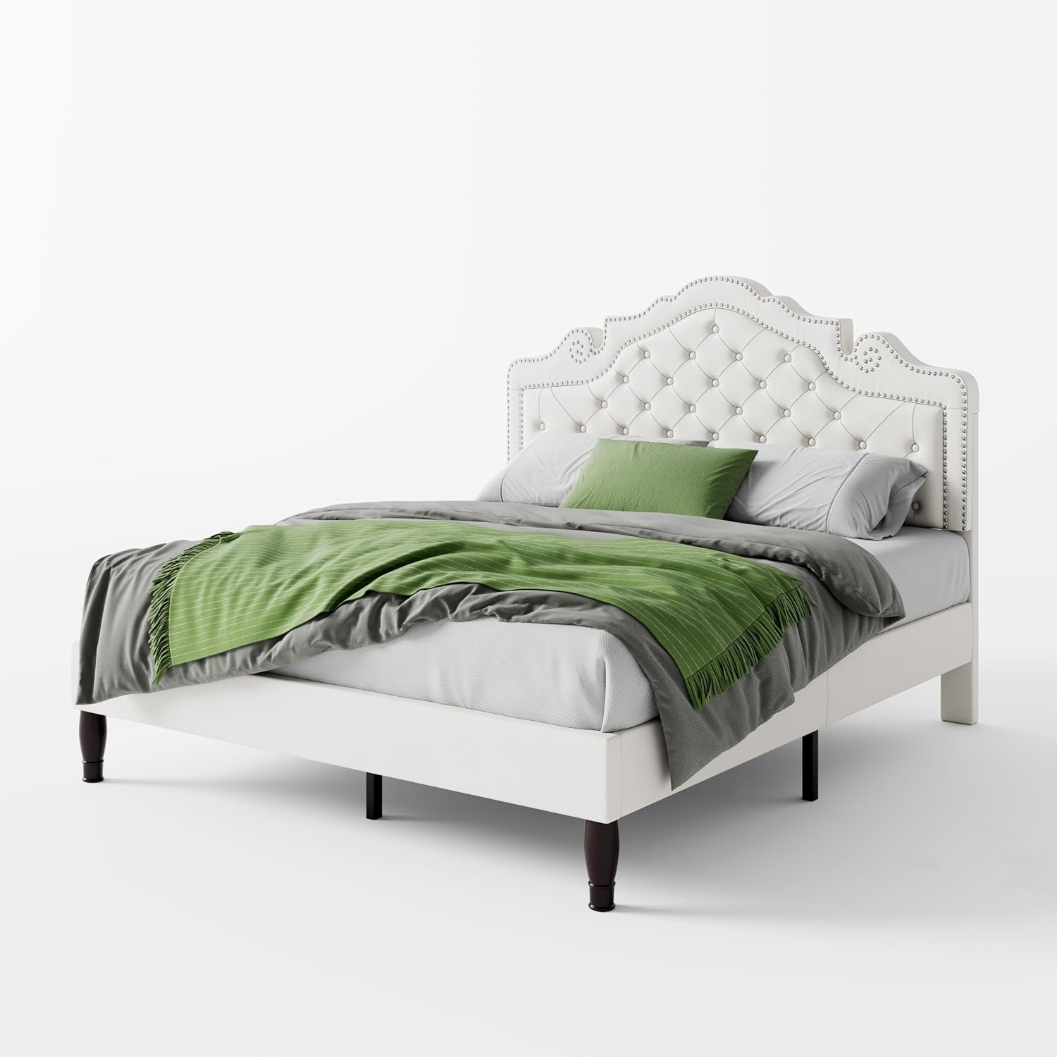 SHA CERLIN Full Size Bed Frame with Adjustable Headboard/Velvet Upholstered/Diamond Button Tufted and Metal Studs/No Box Spring Needed/Sturdy Wood Slat Support/Easy Assembly/White