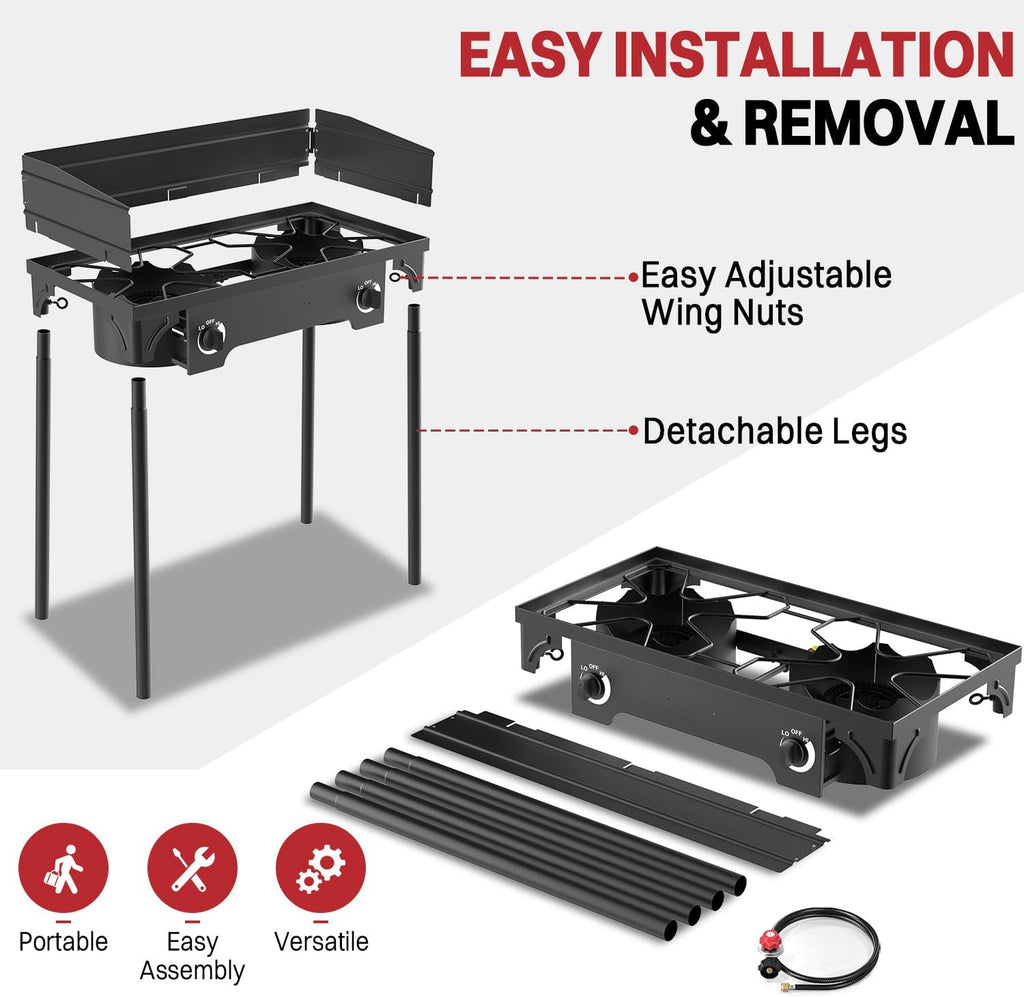 2 Burner Propane Camp Stove | High Pressure 150,000 BTU Gas Burners with Windscreen | Cover | Detachable Legs | 0-20 PSI Regulator | Ideal for Camping Backyard Outdoor Cooking