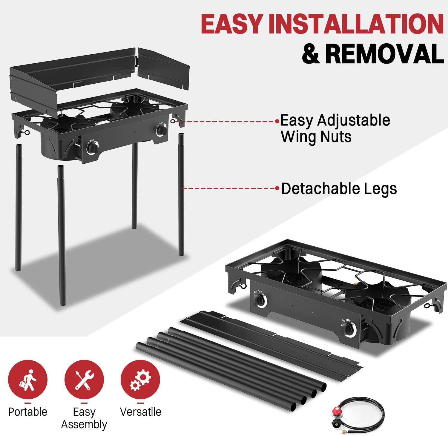 2 Burner Propane Camp Stove | High Pressure 150,000 BTU Gas Burners with Windscreen | Cover | Detachable Legs | 0-20 PSI Regulator | Ideal for Camping Backyard Outdoor Cooking