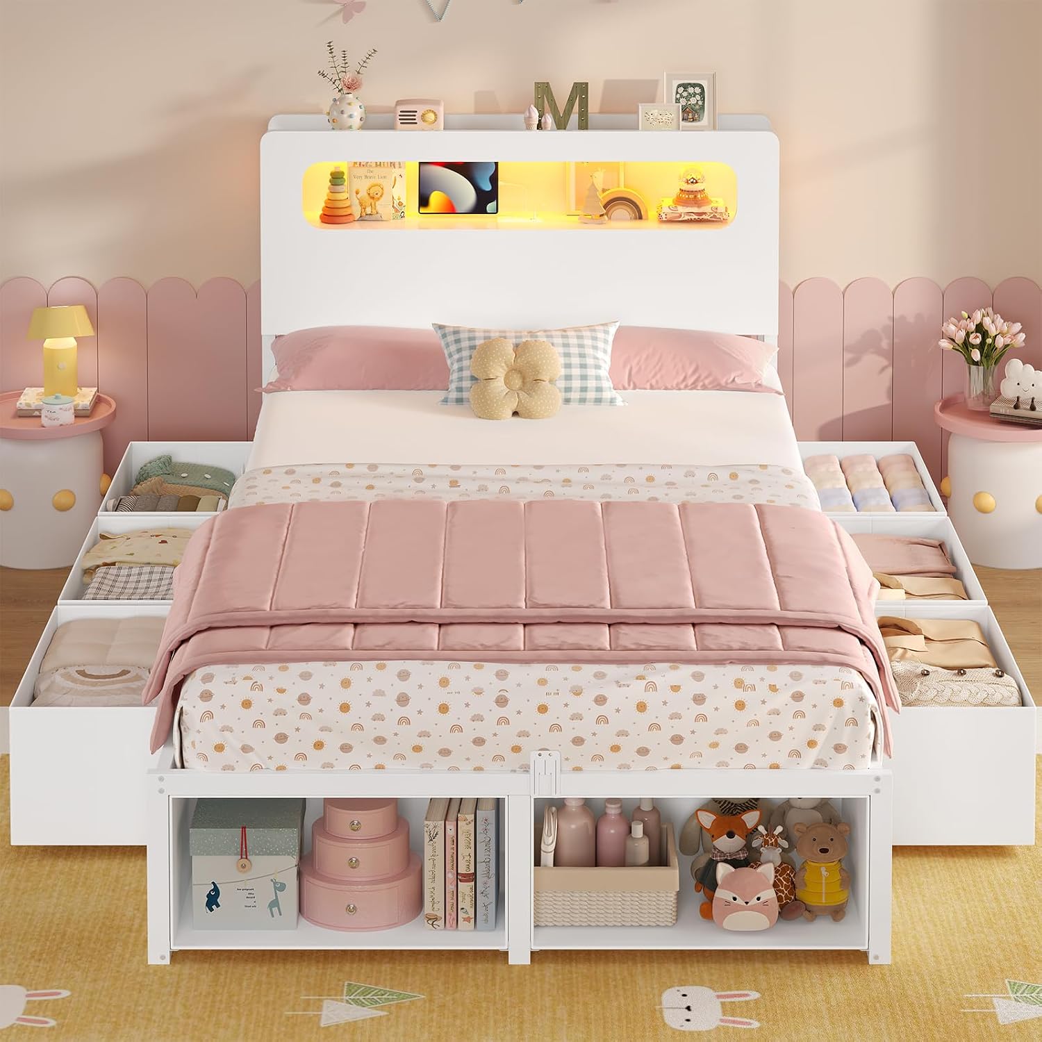 ADORNEVE Twin Bed Frame with 6 Storage Drawers & 2-Tier LED Headboard – Kids Girls Bed with Power Outlets & RGB Lights, 2 Footboard Cubbies– Space-Saving No Box Spring Needed, White