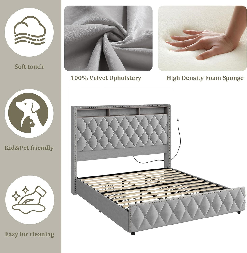 GarveeHome King Size Bed Frame with 50.8' Tall Headboard, Platform Velvet Upholstered Bed Frame with 4 Storage Drawers, USB Charging Station, Led Lights, No Box Spring Needed, Easy Assembly, Dark Grey