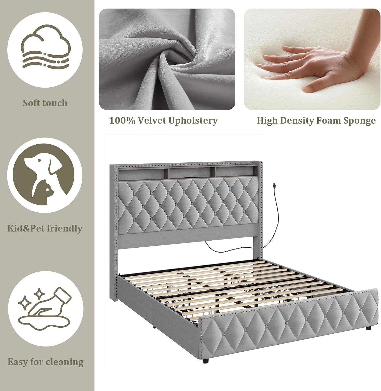 GarveeHome King Size Bed Frame with 50.8' Tall Headboard, Platform Velvet Upholstered Bed Frame with 4 Storage Drawers, USB Charging Station, Led Lights, No Box Spring Needed, Easy Assembly, Dark Grey