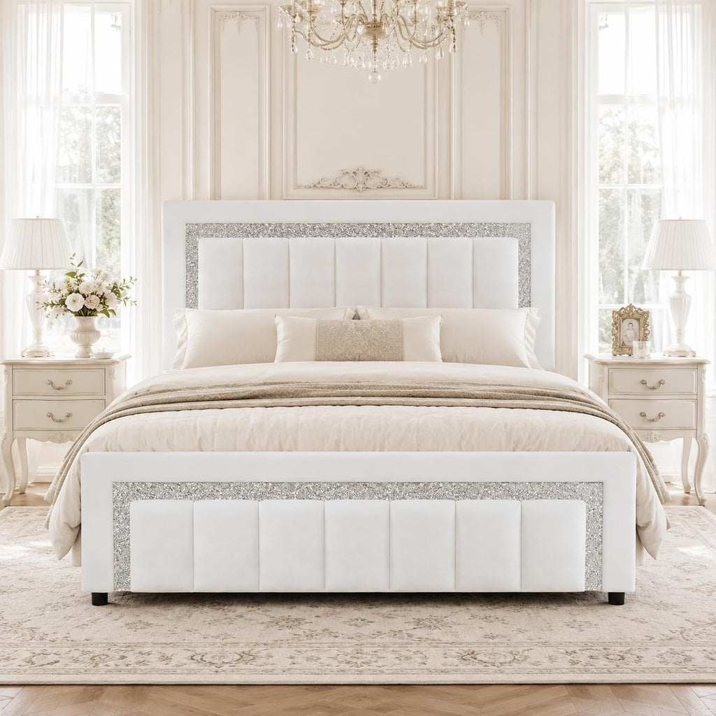 HOMBCK Bed Frame Queen Size with Diamond Headboard, Velvet Upholstered Platform Bed with Headboard and Footboard, Wooden Slats Support, No Box Spring Needed, Easy Assembly, White