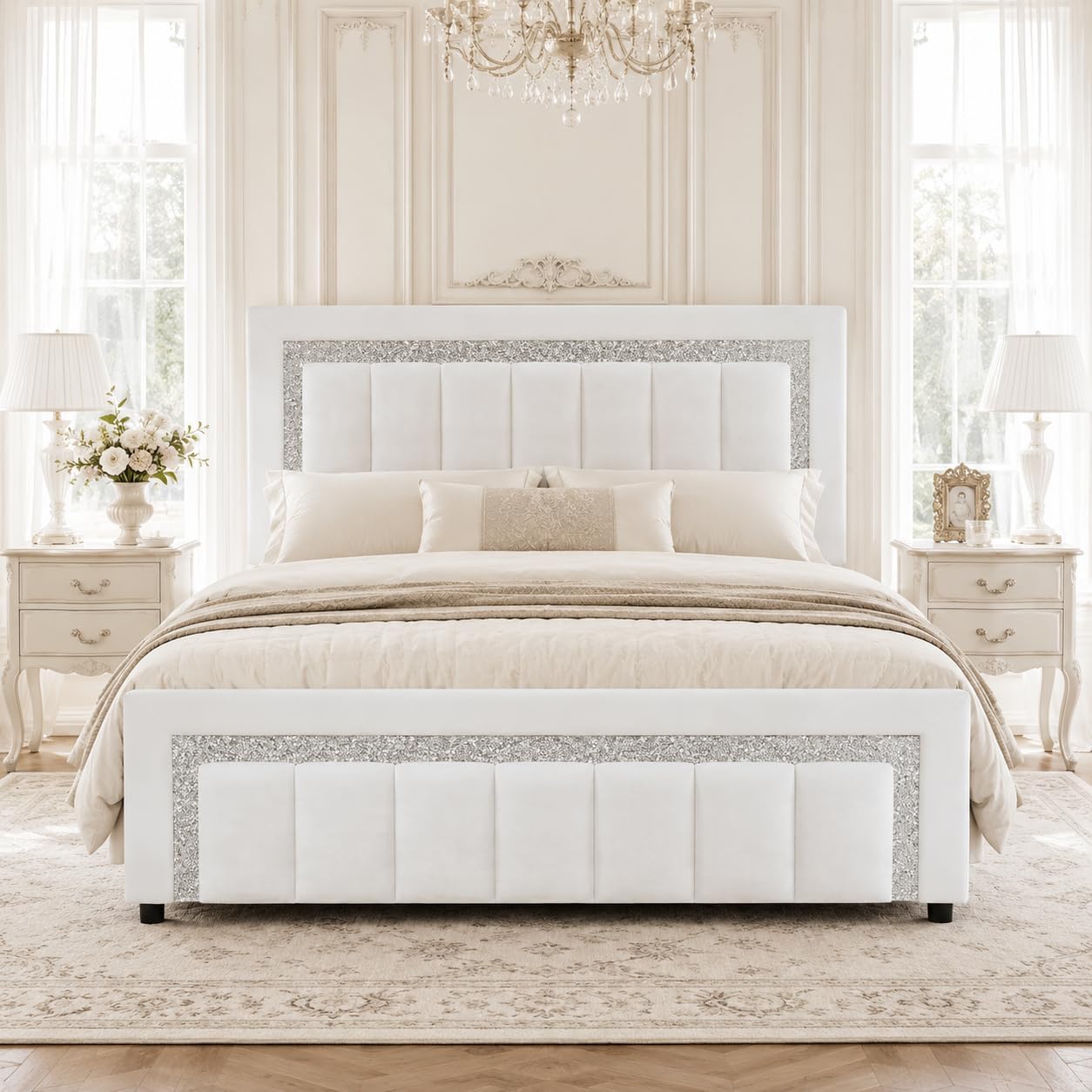 HOMBCK Bed Frame Queen Size with Diamond Headboard, Velvet Upholstered Platform Bed with Headboard and Footboard, Wooden Slats Support, No Box Spring Needed, Easy Assembly, White